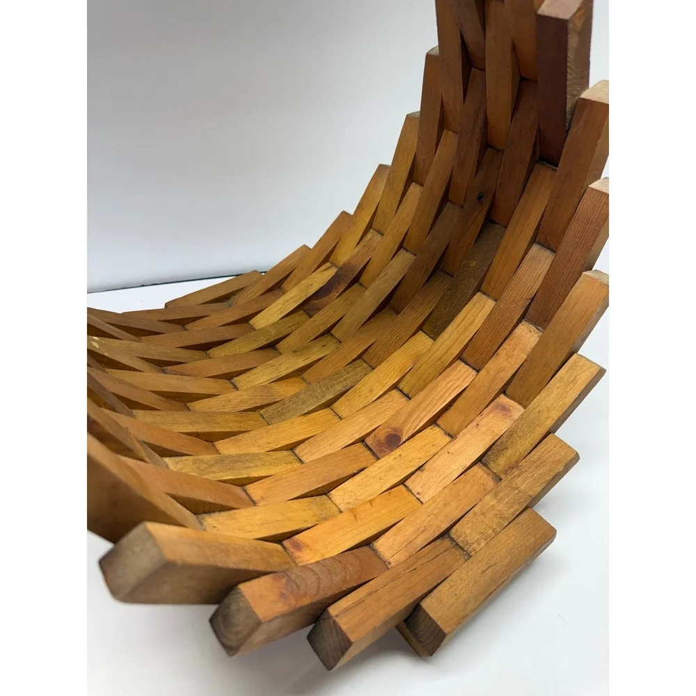 Vintage Handcrafted Wooden Slat Basket Interlocking Block Fruit Bowl Decor